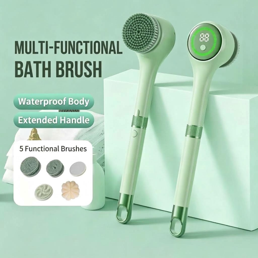 🚿 Electric Long Handle Shower Back Scrubber ✨ IPX Waterproof | 5 Brush Heads & 3 Speeds, USB Rechargeable Full Body Exfoliator for Sensitive Skin