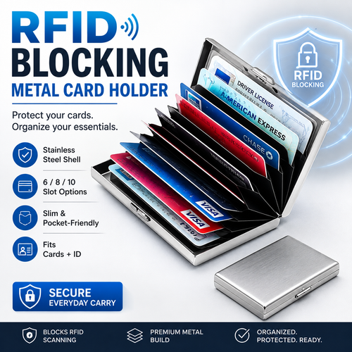 RFID Blocking Metal Card Holder – Slim Stainless Steel Wallet, 6/8/10 Slot