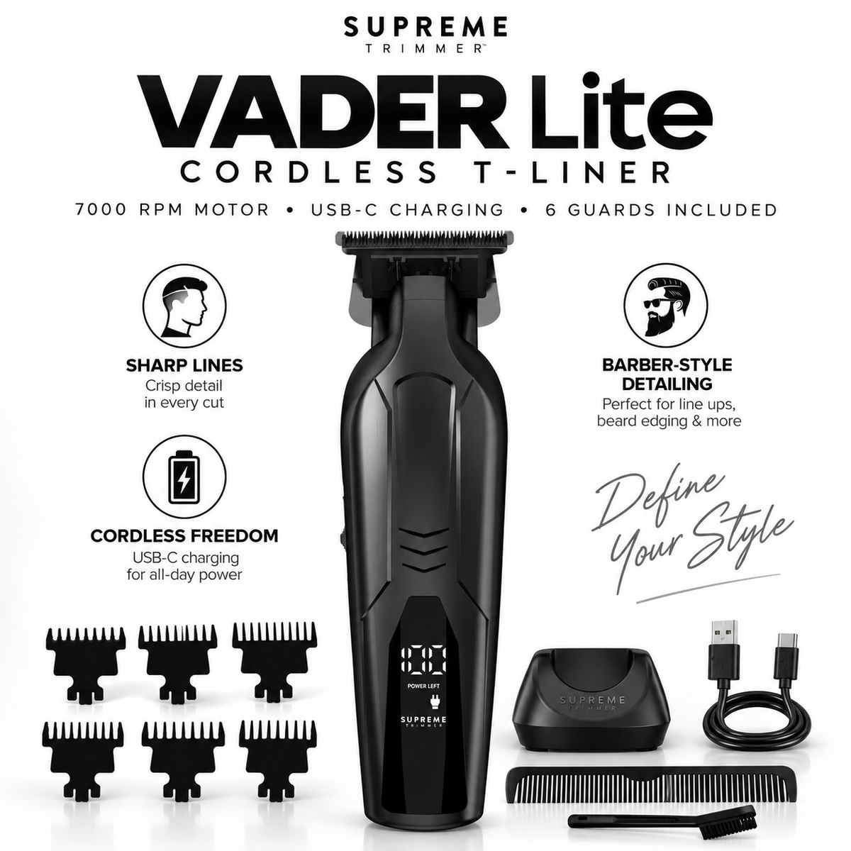 Supreme Trimmer VADER Lite Cordless T-Liner Hair Trimmer – 7000 RPM, Titanium-Ceramic Blade, USB-C Rechargeable & 6 Guards