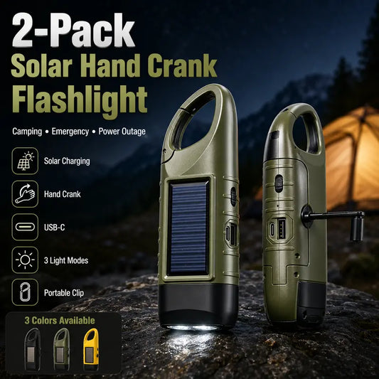 🔦 2-Pack Solar Hand Crank Emergency Flashlights – USB-C Rechargeable Outdoor Lights