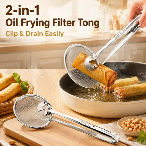 🔥 50% OFF 2-in-1 Stainless Steel Frying Filter Tongs – Clip, Drain & Serve Easily