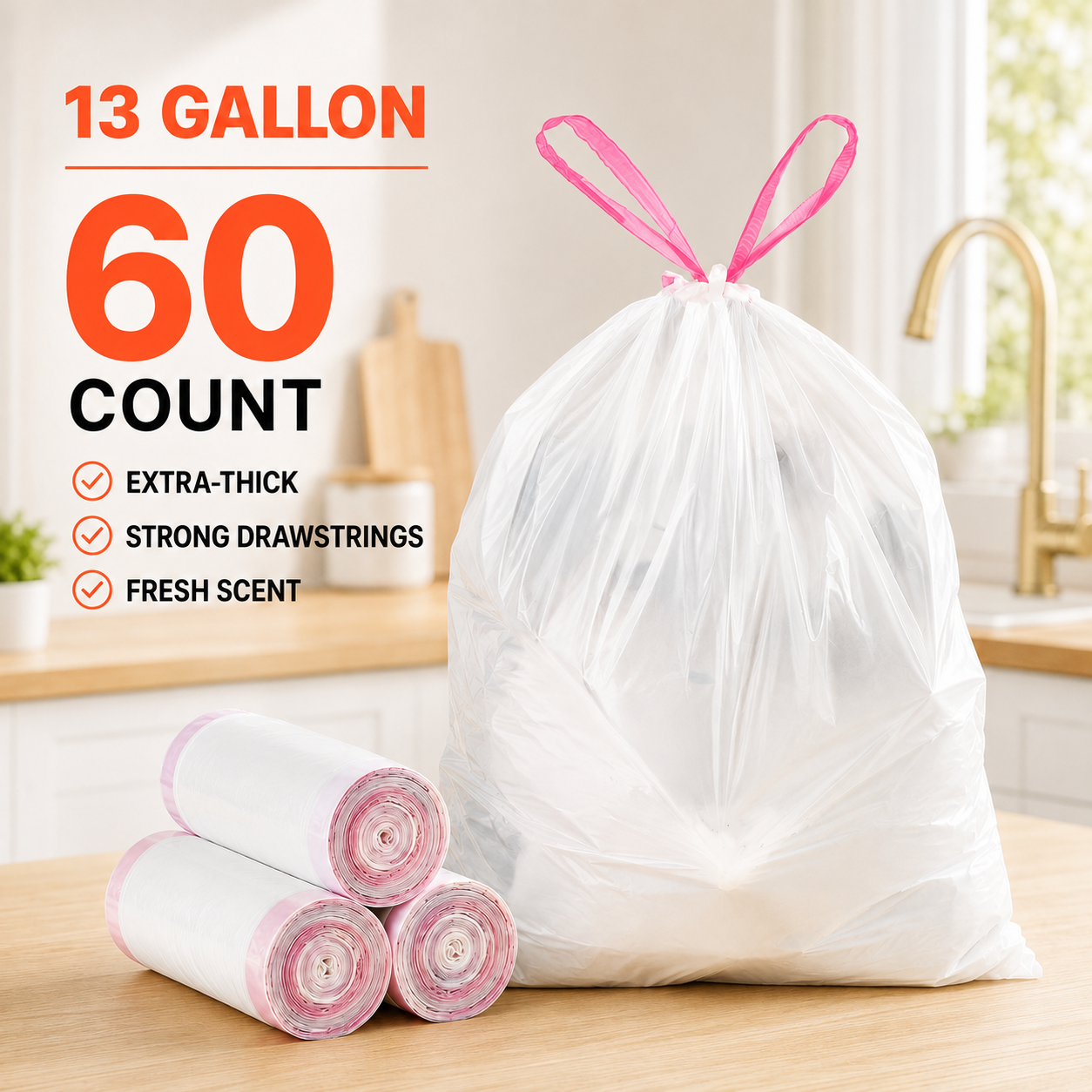 🗑️ Extra-Thick Fresh-Scent Drawstring Kitchen Trash Bags – 60 Count Leak-Resistant Bags for Home, Office, RV & Camping