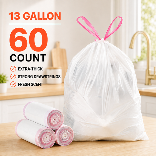 🗑️ Extra-Thick Fresh-Scent Drawstring Kitchen Trash Bags – 60 Count Leak-Resistant Bags for Home, Office, RV & Camping