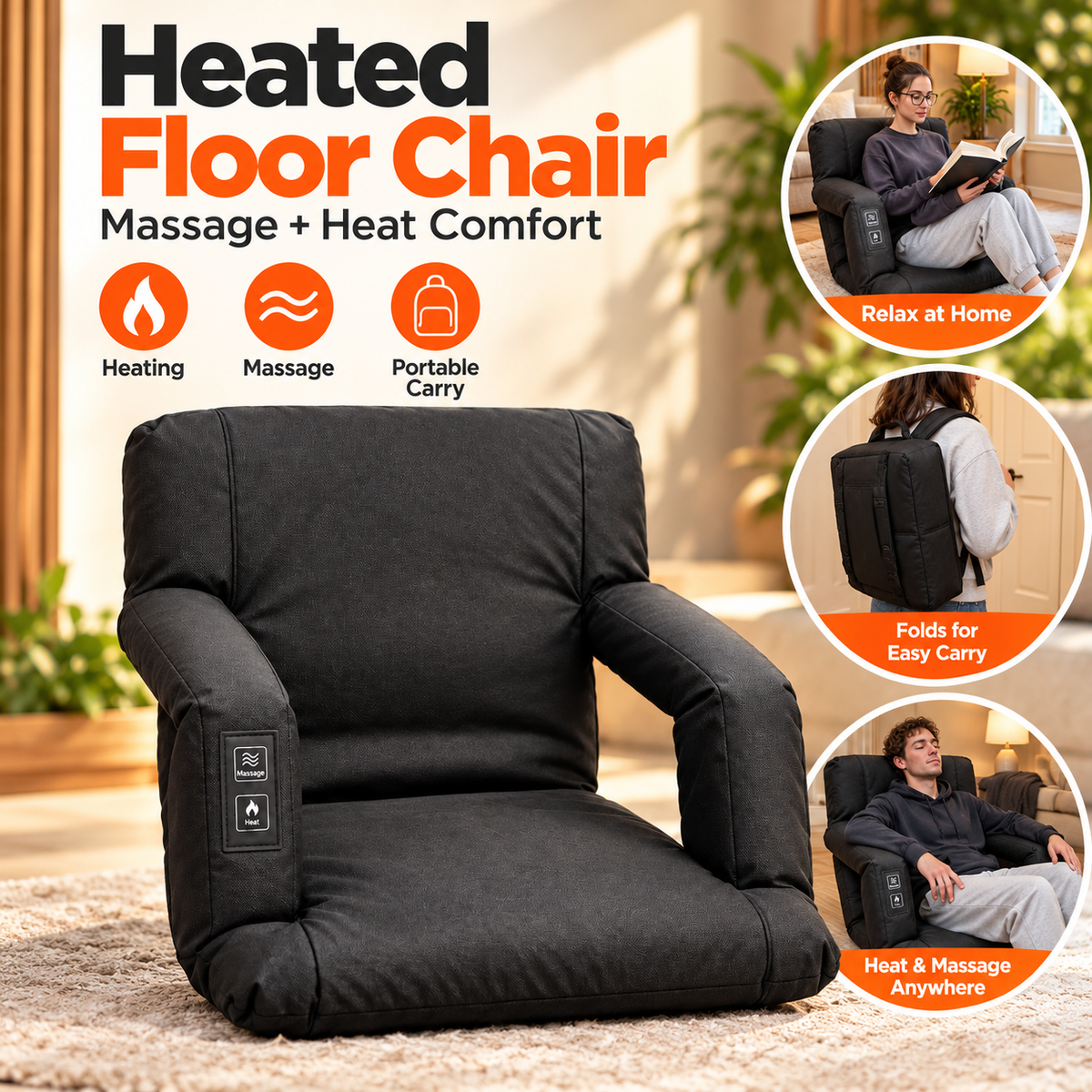 🔥 Heated Massage Floor Chair – Foldable Portable Lounge Seat with Padded Back & Armrests 🪑