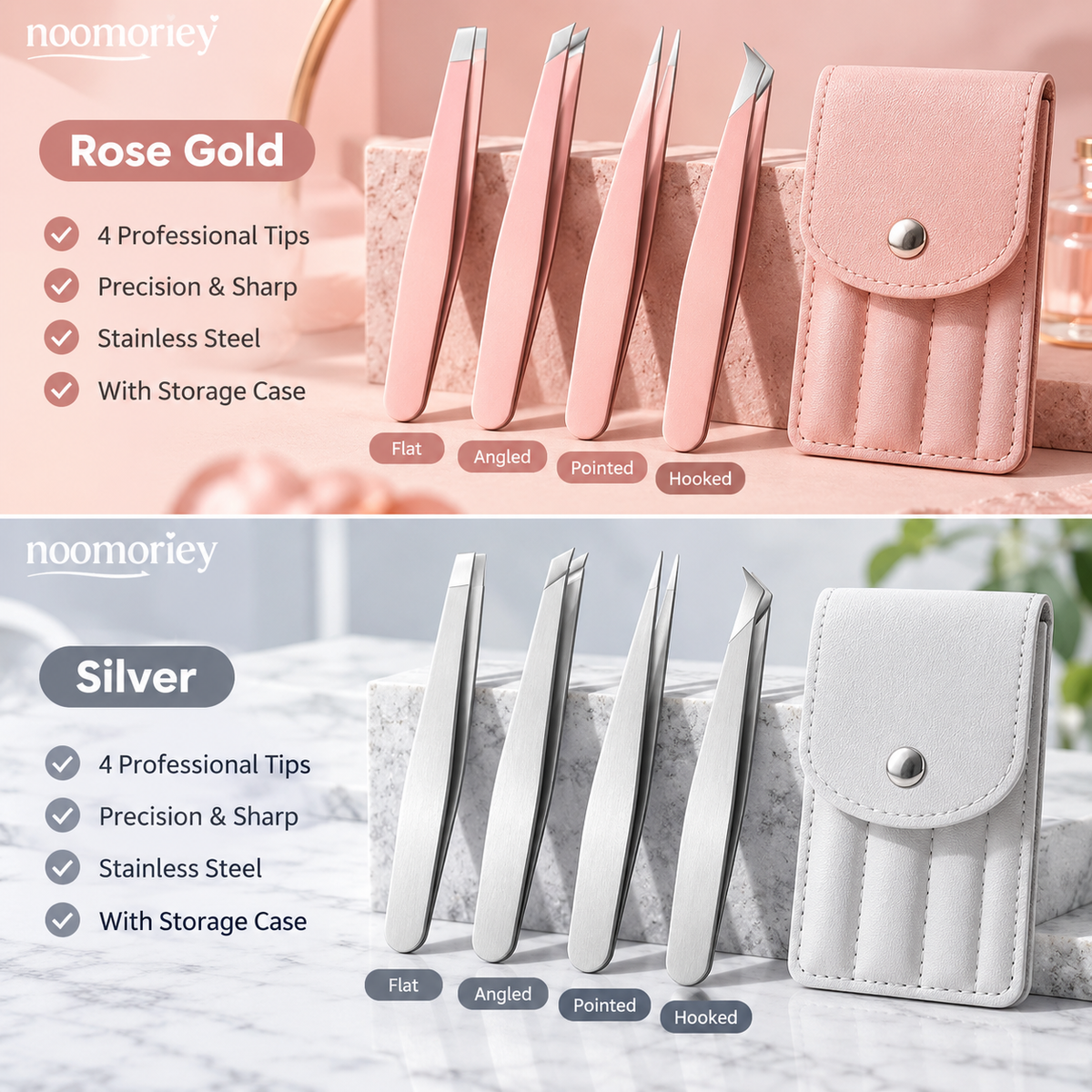 4-Piece Stainless Steel Beauty Tweezers Set – Flat-Tip Eyebrow, Hair Removal & False Lash Tools