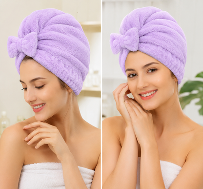 Women's Bow Decor Shower Caps & Hair Drying Cap Set, Soft Ultra-Absorbent Reusable Hair Towel Wrap, Camping & Bathroom Essential (Sports & Outdoor)
