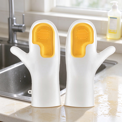 Dishwashing Gloves with Built-In Silicone Scrubber