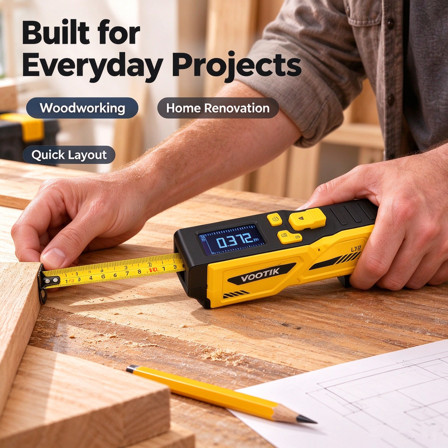 Digital measuring tool for woodworking and home projects