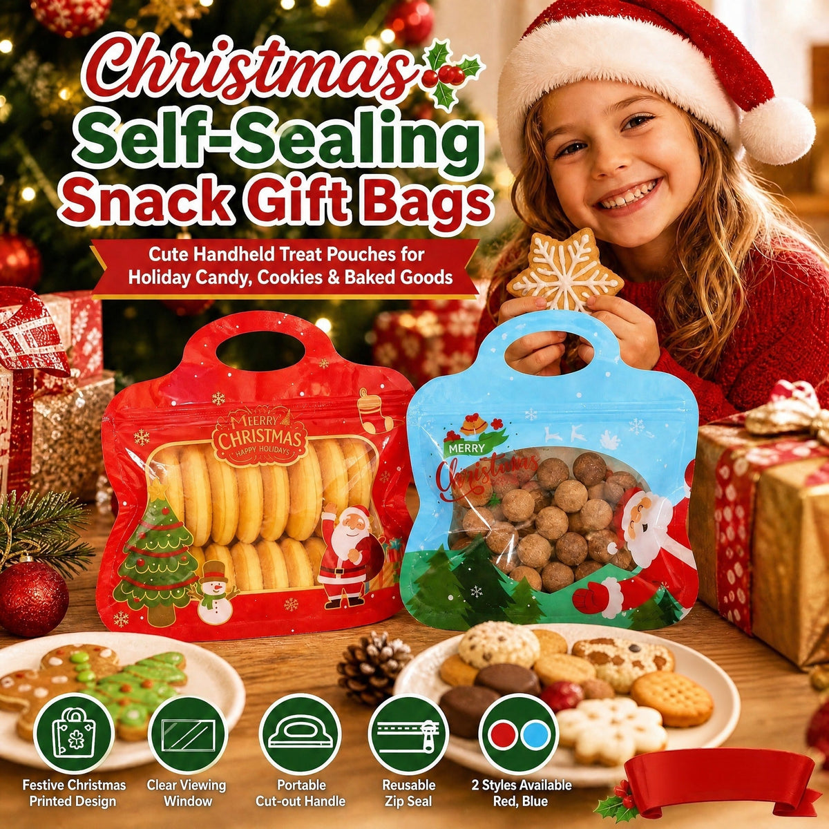 🎅LAST DAY SALE 60% OFF!!🎁Easy Fill, Easy Seal🎄 Festive Self-Seal Treat Bags – Santa & Snowman Print | Resealable, Food-Safe & Perfect for Cookies, Chocolates & Little Gifts⛄