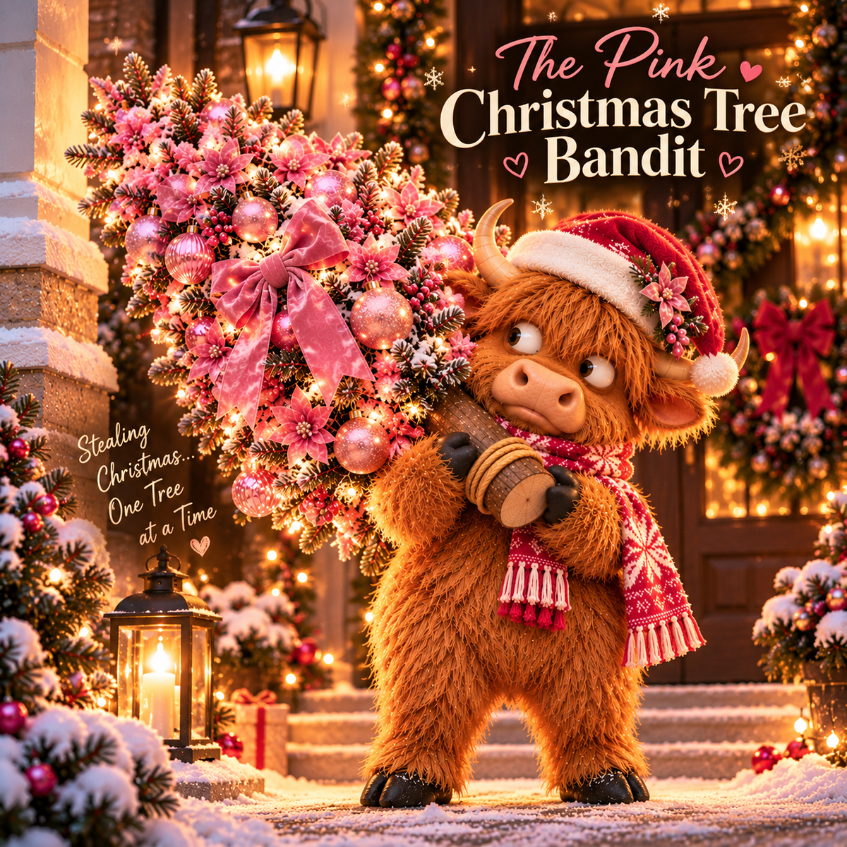 🎄🐮 Pinkmas Tree Bandit™ – Funny Lighted Highland Cow Carrying a Sparkling Pink Christmas Tree, Whimsical Holiday Porch Decor 🎀✨