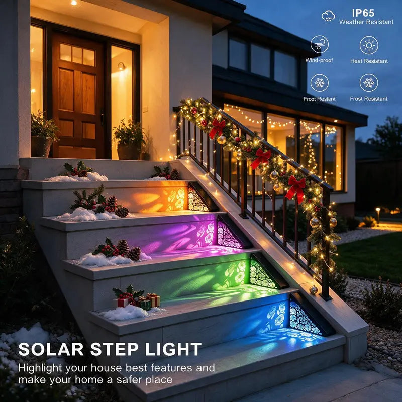 Solar outdoor step lights, IP65 waterproof LED deck/stair lights, color-changing gradient lighting, automatic dusk-to-dawn warm white light, solar-powered.