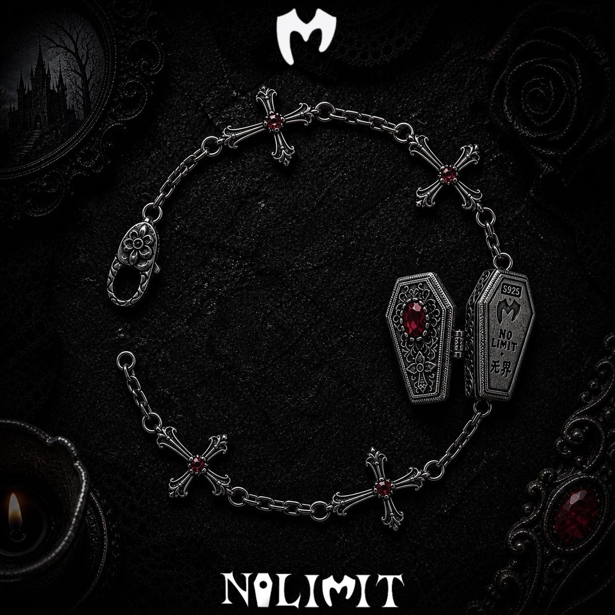 Red coffin cross bracelet with the coffin box open and S925 engraving visible