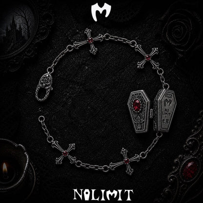 Red coffin cross bracelet with the coffin box open and S925 engraving visible