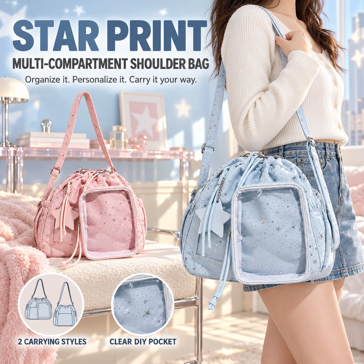 Star Print Multi-Compartment Shoulder Bag