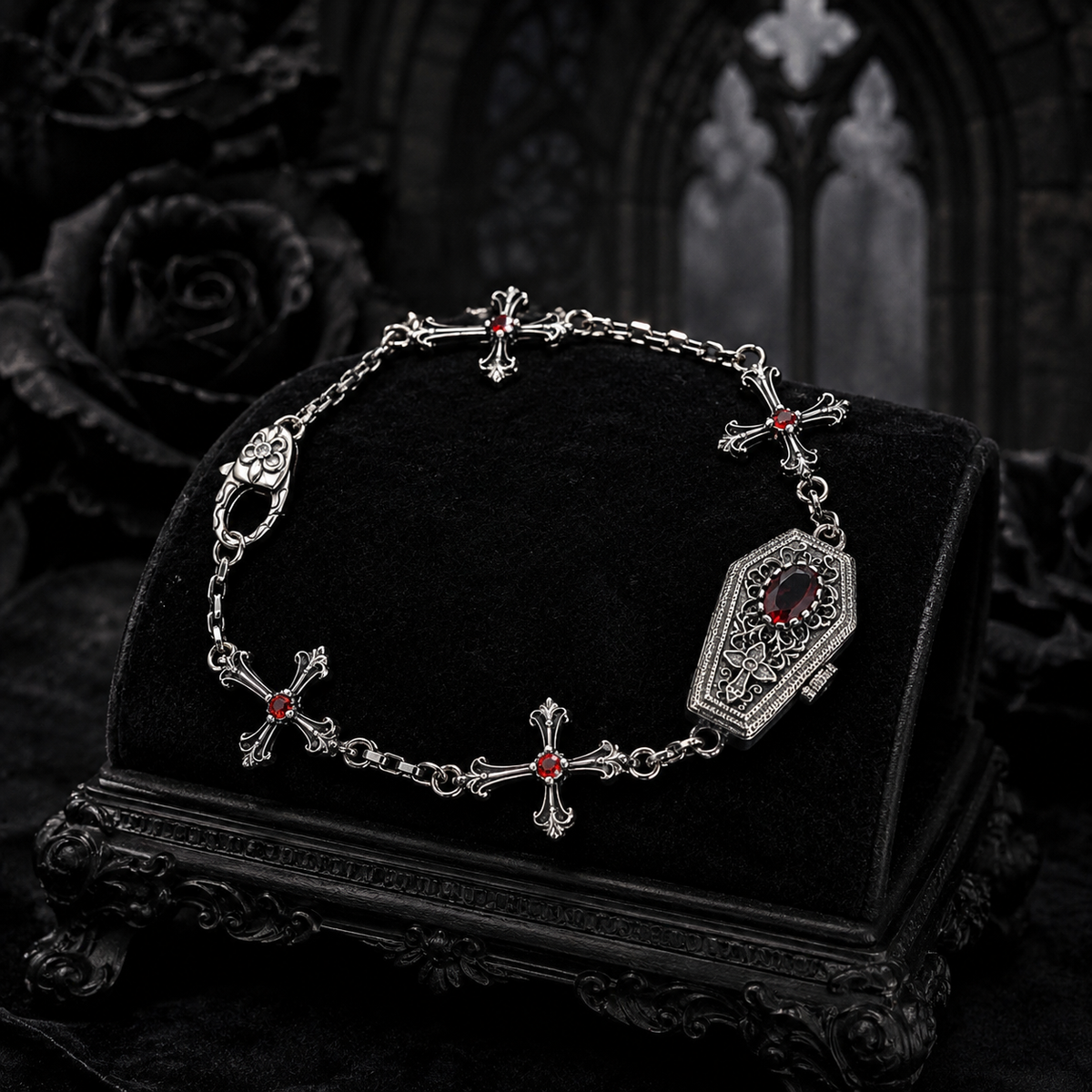 Red 925 sterling silver gothic coffin cross bracelet on a black display