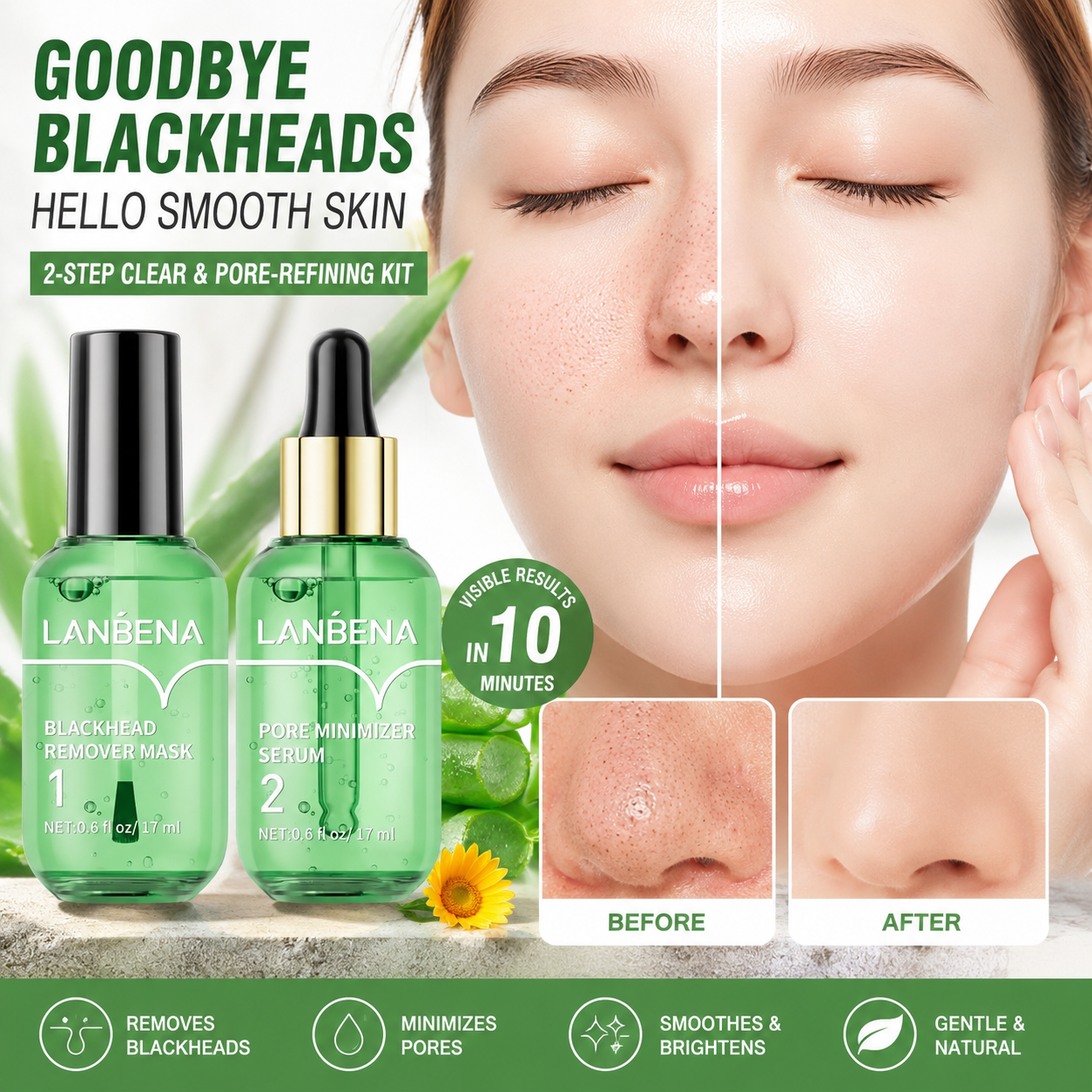 🌿 50% OFF Green Tea Blackhead Remover Kit ✨ 100 Pore Strips + Pore Care Serum