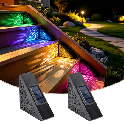Solar outdoor step lights, IP65 waterproof LED deck/stair lights, color-changing gradient lighting, automatic dusk-to-dawn warm white light, solar-powered.