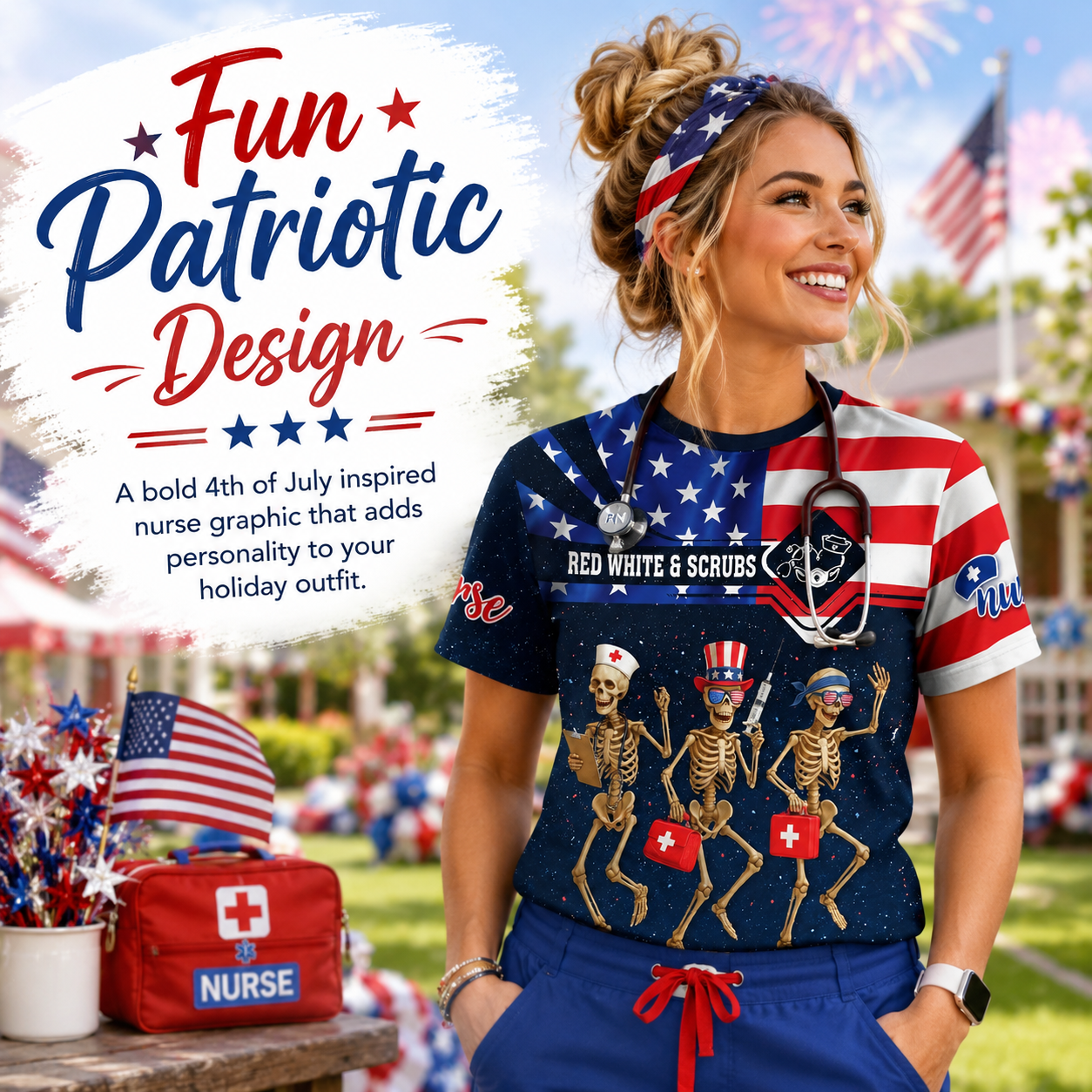 🇺🇸Funny Nurse Skeleton 4th of July Shirt – Patriotic Scrub Life Tee for RN CNA LPN