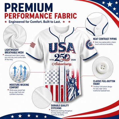 USA 250th Anniversary Baseball Jersey, Patriotic Statue of Liberty Print Shirt, Unisex Independence Day 4th of July Outfit, 1776–2026 Semiquincentennial Patriotic Jersey