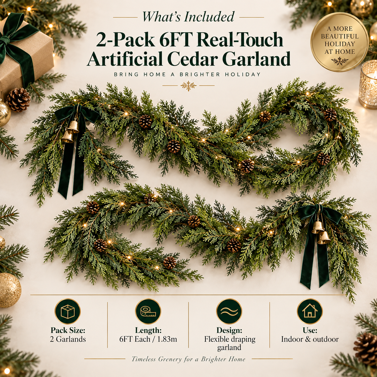 🎄 2-Pack 6FT Real-Touch  Artificial Cedar Garland