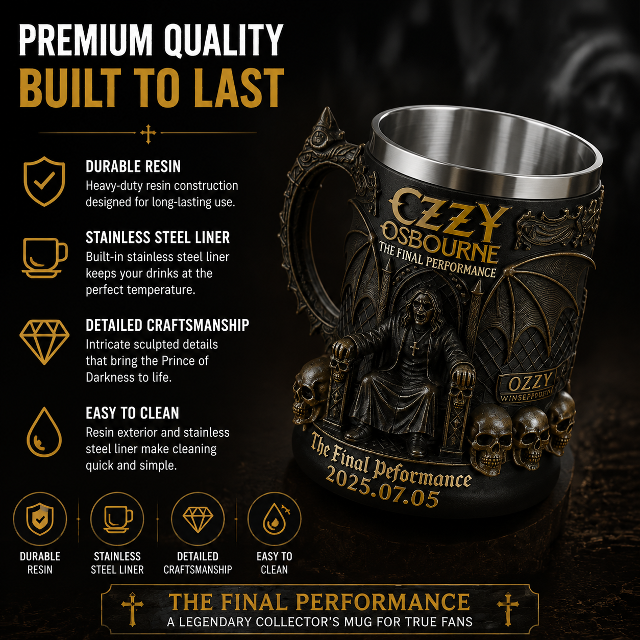 ozy osborne Heavy Metal Skull Mug Made Of Resin Gift For Dad