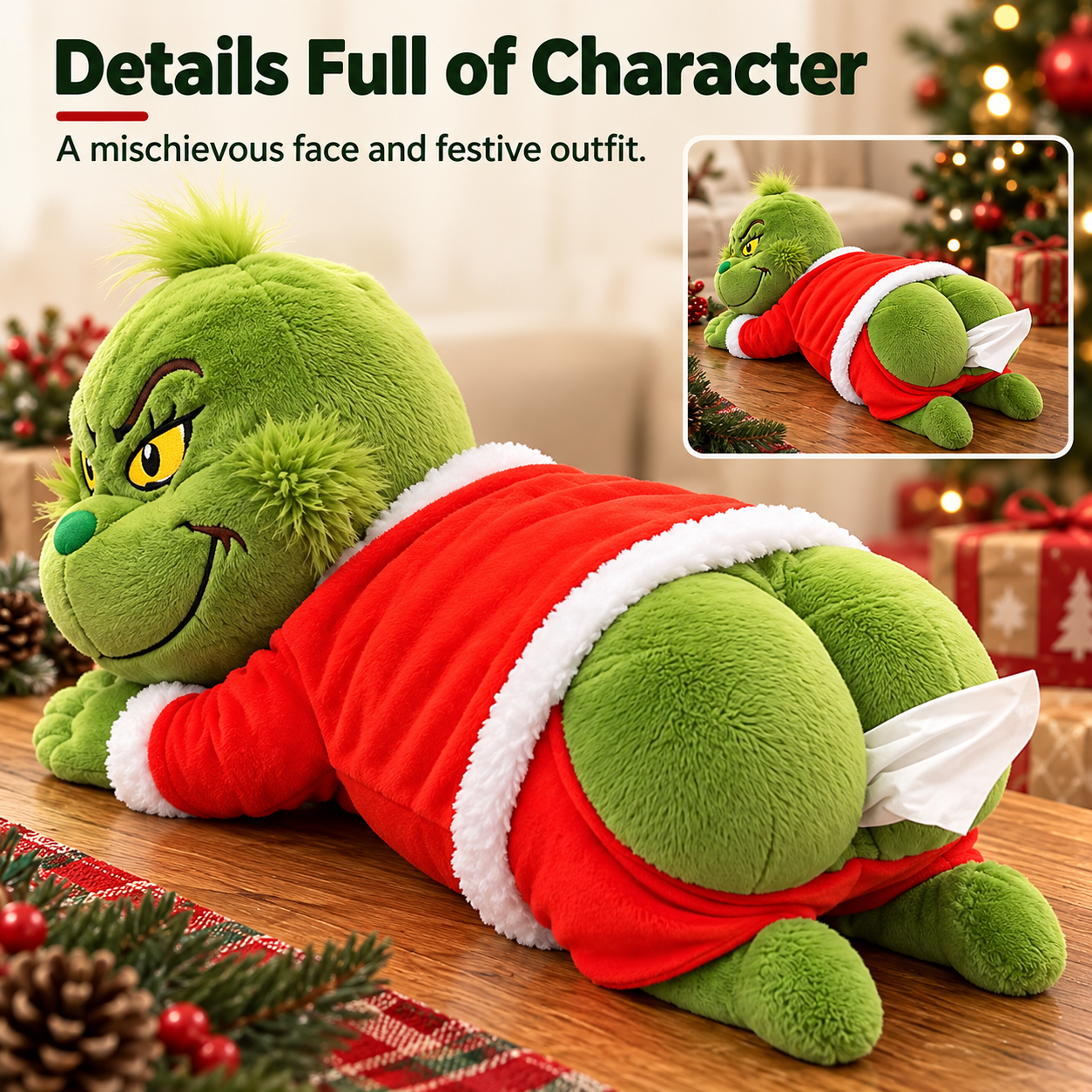 Green plush Christmas tissue box cover in its Santa-style outfit