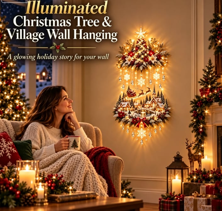 🎉🎄 Illuminated Christmas Tree & Village Wall Hanging | Cascading Warm Lights for Living Rooms, Entryways & Staircases ✨63CM