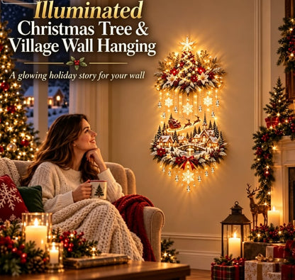 🎉🎄 Illuminated Christmas Tree & Village Wall Hanging | Cascading Warm Lights for Living Rooms, Entryways & Staircases ✨63CM