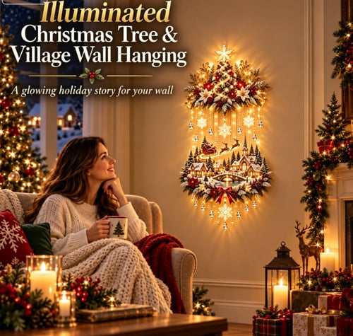 🎉🎄 Illuminated Christmas Tree & Village Wall Hanging | Cascading Warm Lights for Living Rooms, Entryways & Staircases ✨63CM