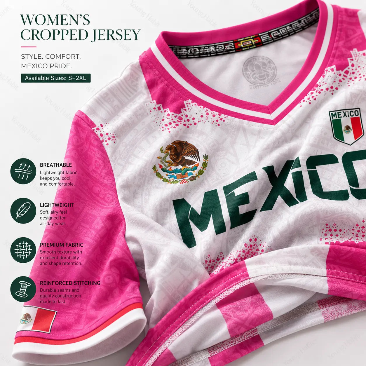 Mexico Pink Crop Jersey – Women's Aztec Soccer Top with National Flag Graphic