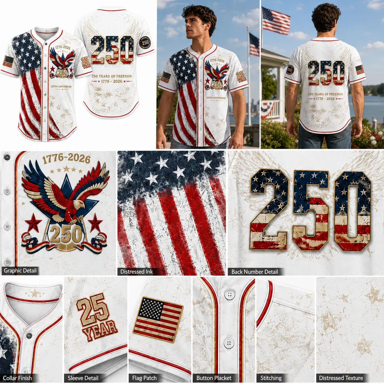 Men's USA 250th Anniversary Baseball Jersey Patriotic American Flag Eagle Button Down Shirt 1776-2026, Vintage Distressed 4th of July Independence Day Graphic Tee, Unisex Casual Sports Top for Men Women, White