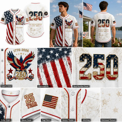 Men's USA 250th Anniversary Baseball Jersey Patriotic American Flag Eagle Button Down Shirt 1776-2026, Vintage Distressed 4th of July Independence Day Graphic Tee, Unisex Casual Sports Top for Men Women, White