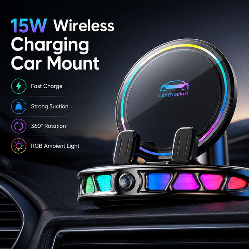 360° Rotating Wireless Charging Car Phone Mount with RGB Ambient Light