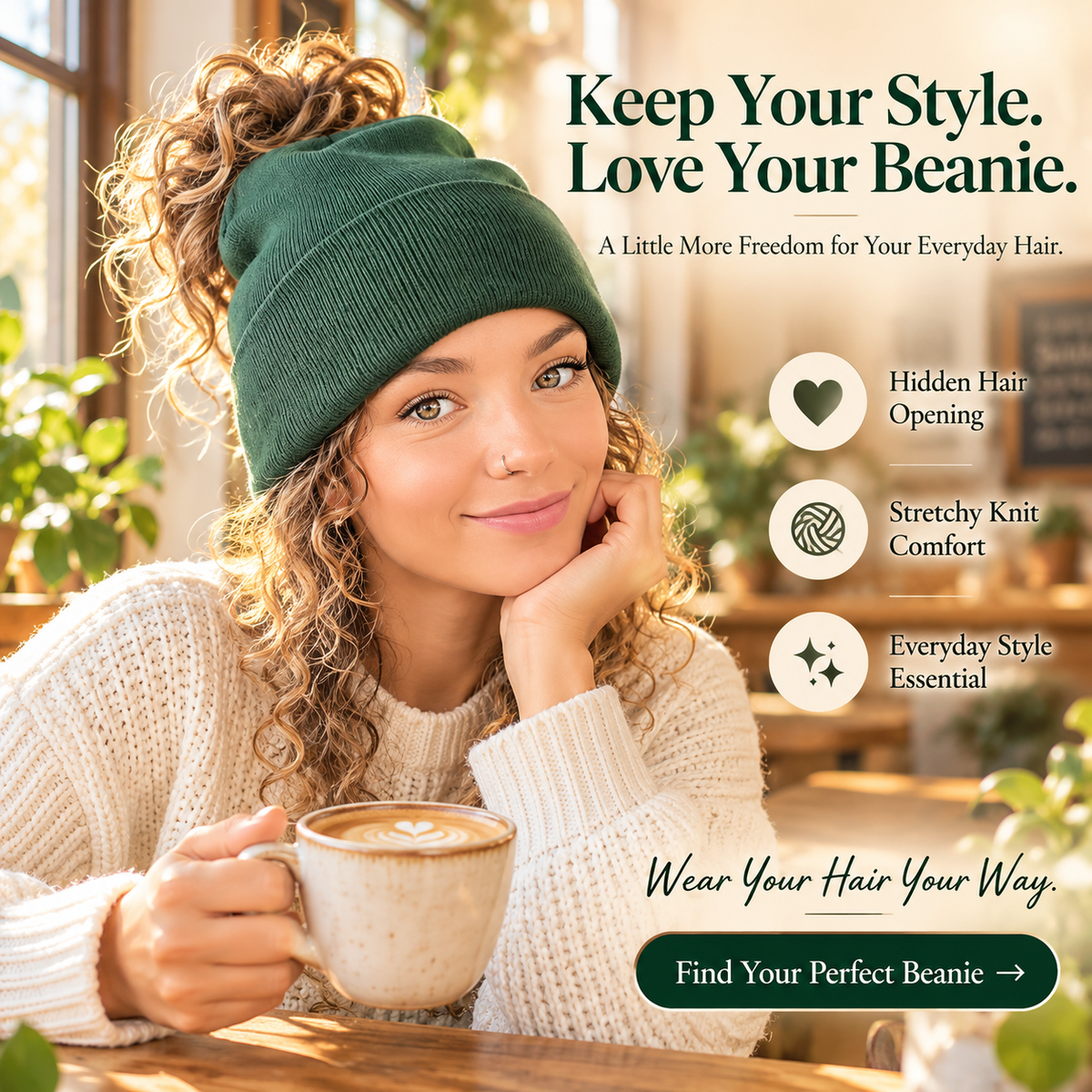 🧶 Messy Bun Beanie – Stretchy Ribbed Knit Hat with Hidden Ponytail Opening for Curly Hair & Winter Style ✨