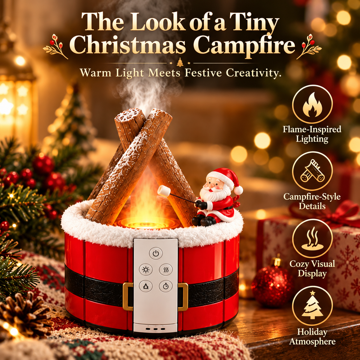 🎄 MerryMist Christmas Campfire Aroma Diffuser – Cozy Flame-Style Glow, Festive Mist & Adorable Santa/Gingerbread Designs