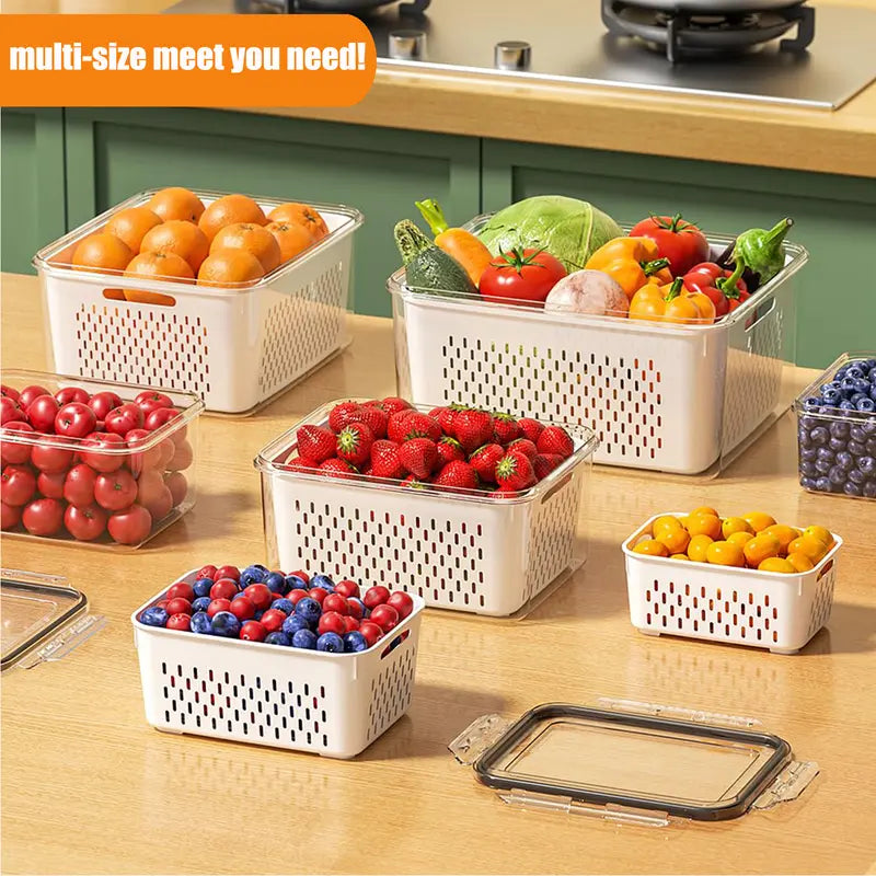 🥗🥬3 Pack Fridge Organizers and Storage - Stackable Fruit Storage Containers for Fridge with Removable Colander, BPA-Free