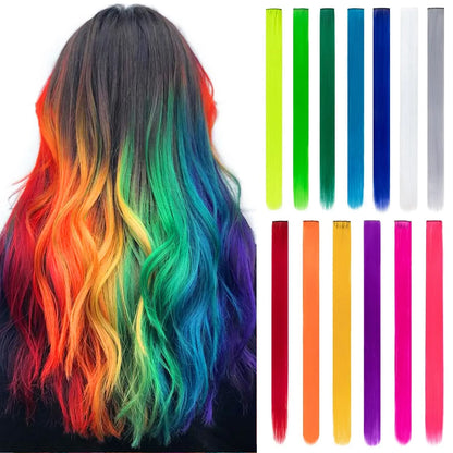 2 PCS Colored Hair Extensions 20Inch Straight Color Clip in Hair Extension Rainbow Party Highlights Synthetic Hairpiece
