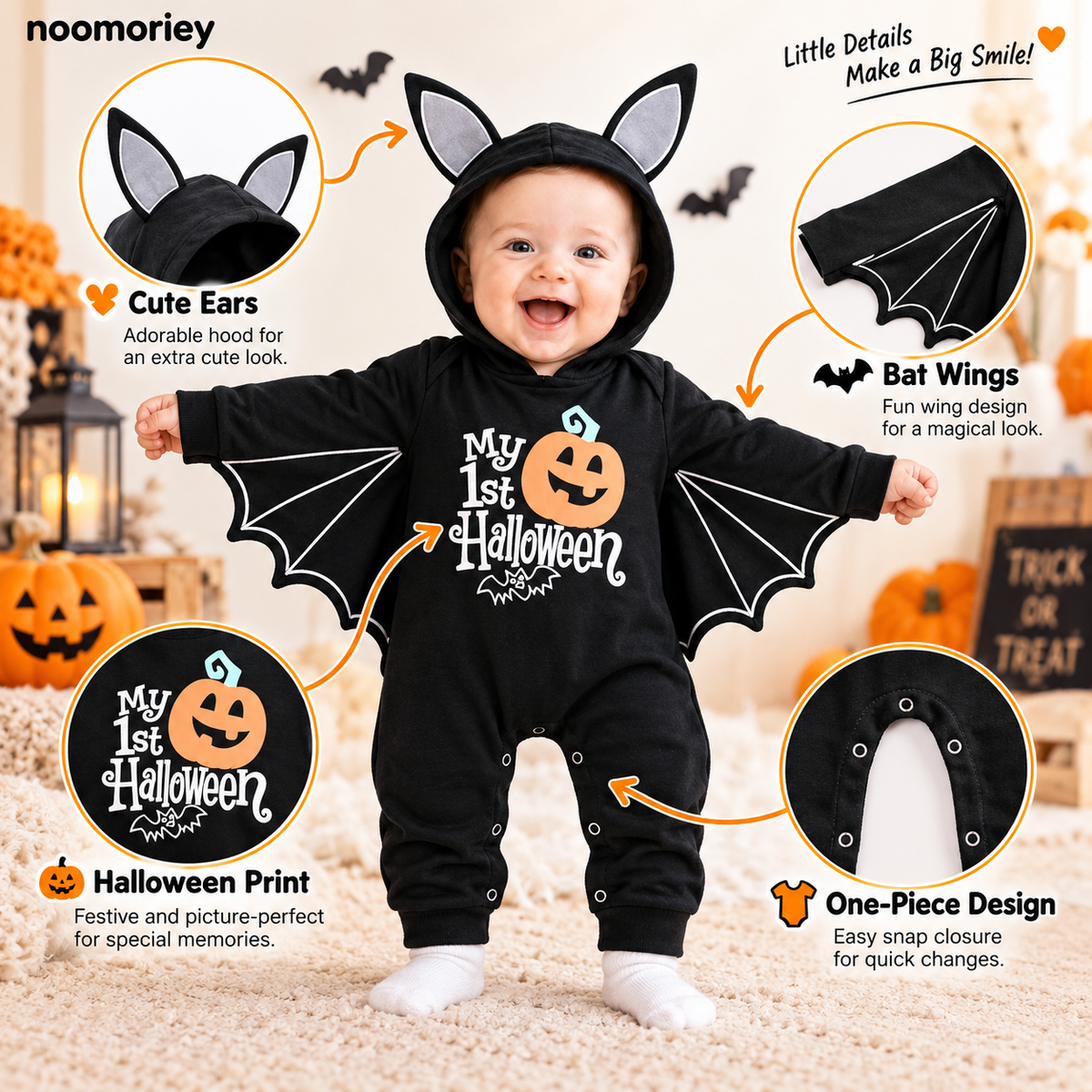 🎃 Baby’s First Halloween Bat Romper – Cute Winged Hooded One-Piece Costume