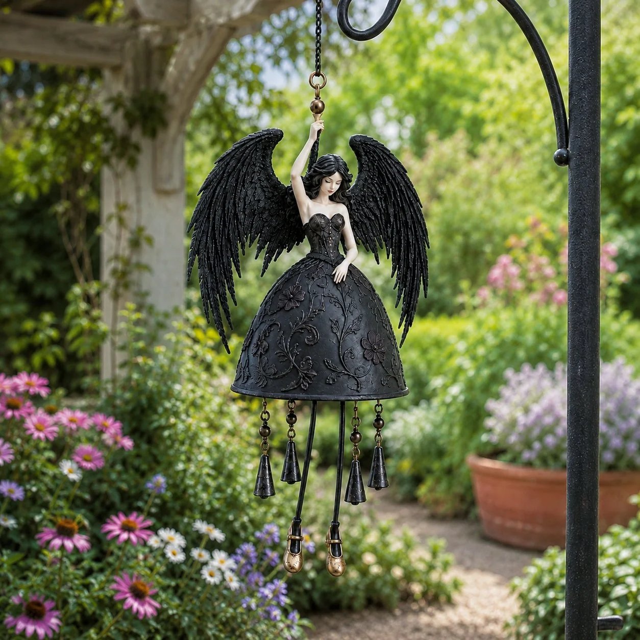🖤 Dark Angel Gothic Wind Chime | Dramatic Black-Wing Garden Accent with Gentle Chimes for Porches, Patios, Balconies & Year-Round Gothic Décor 🪽