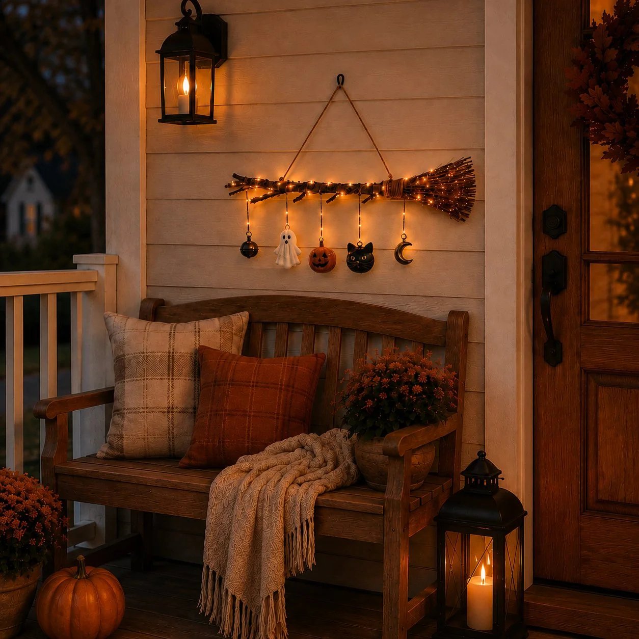 🍂 Rustic Twig Lighted Broom | Handcrafted Fall Wall Hanging with Warm LED Glow & Spooky-Cute Charms 🏡