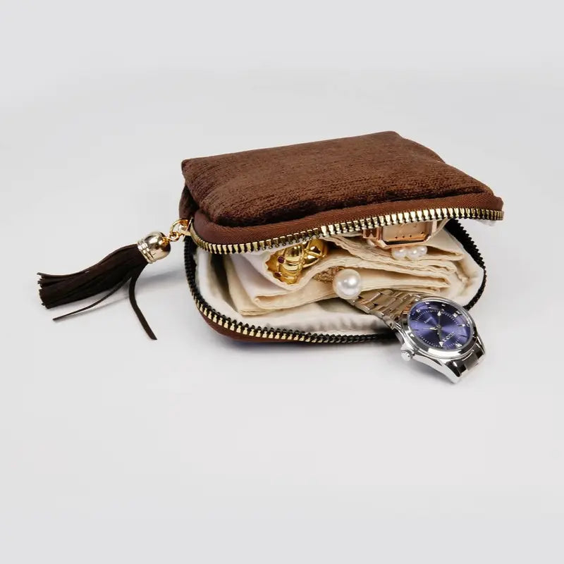 Travel Jewelry Bag Portable Organizer with 5 Compartments Velvet Satin Lining Tassel Zipper
