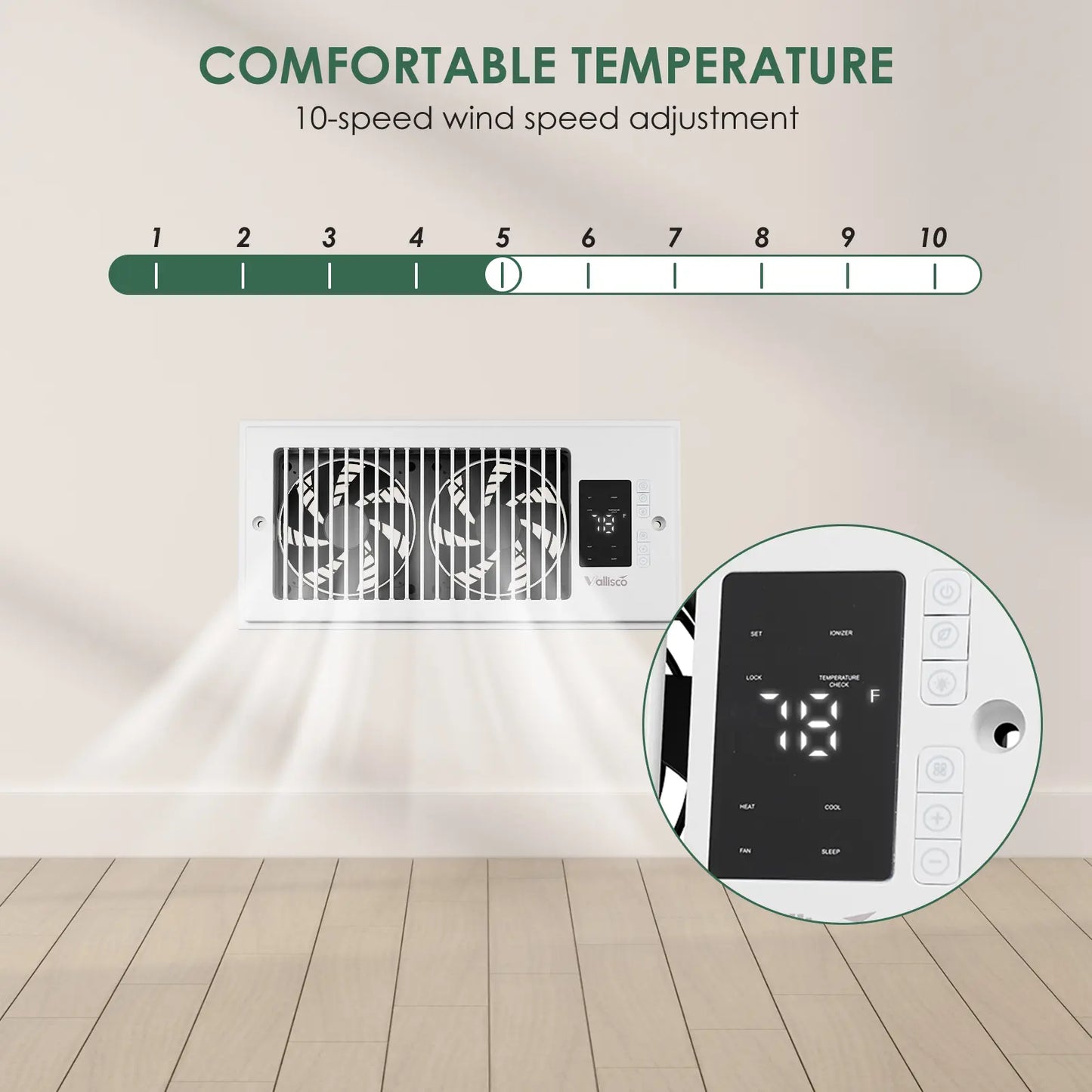 Smart Register Vent Fan with Heating & Cooling Modes, Quiet 18DB Floor Vent Booster Fan with Remote Control, Built-in Ionizer Digital Temperature Display for Home HVAC Vents