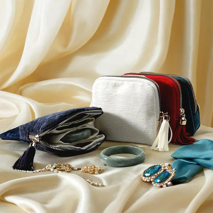 Travel Jewelry Bag Portable Organizer with 5 Compartments Velvet Satin Lining Tassel Zipper