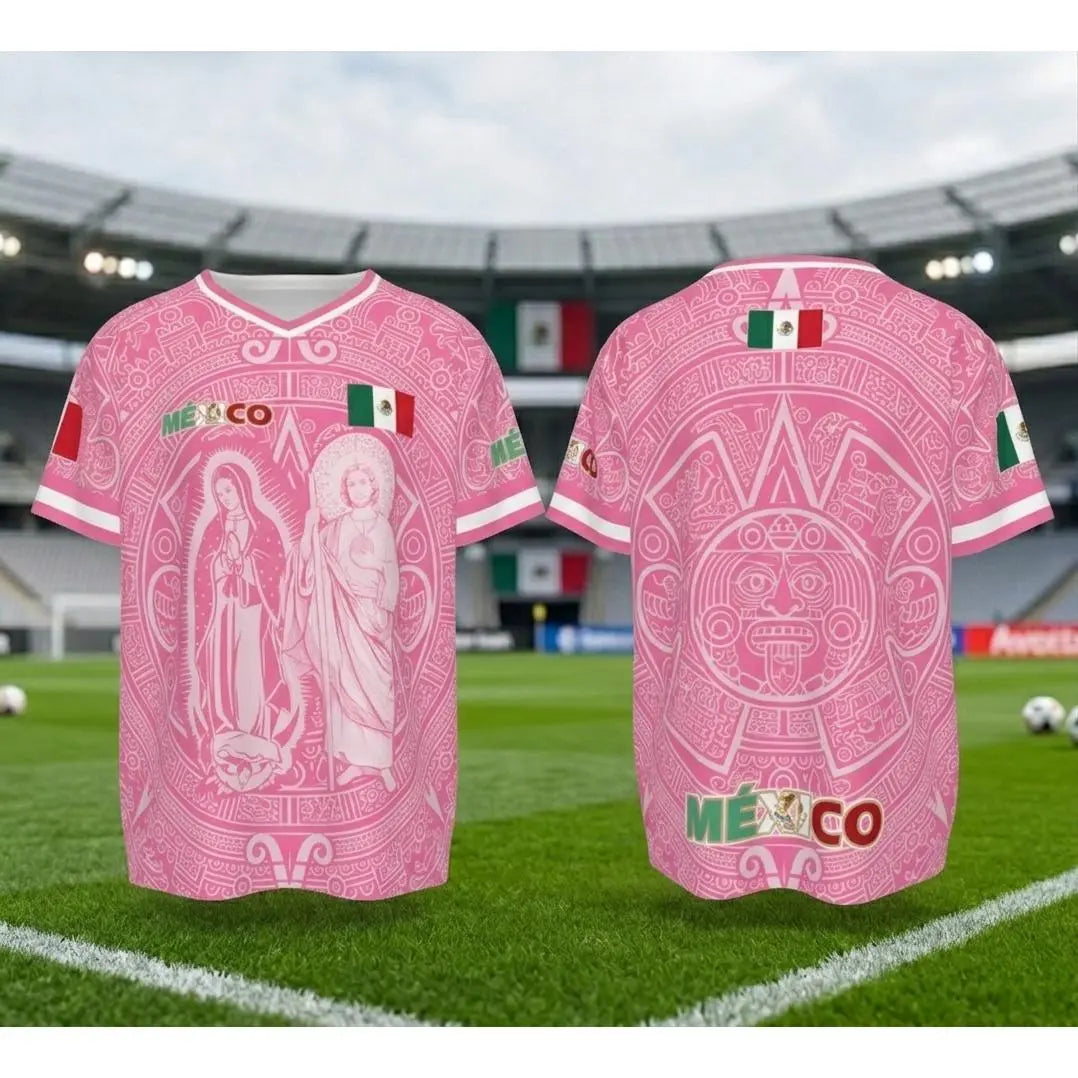 Men's Light Pink Virgencita & San Juditas Mexico 2026 Soccer Jersey, Mens Clothing, 2026 Soccer Fan Shirt, Casual Mexican Culture Sports Jersey, Mexico 2026 Jersey