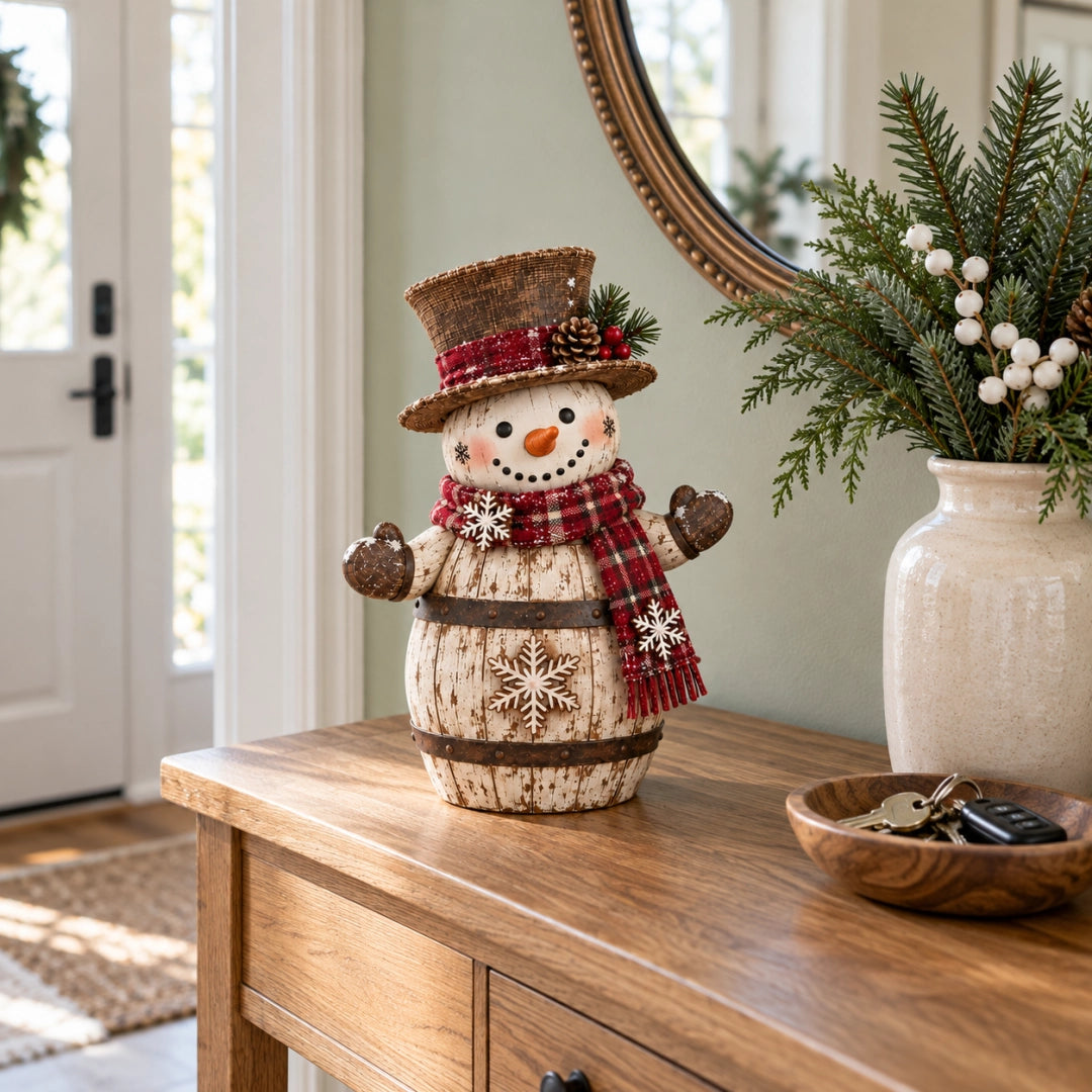 Vintage Whitewashed Barrel Snowman Figurine ⛄🪵 – Rustic Christmas Farmhouse Decor