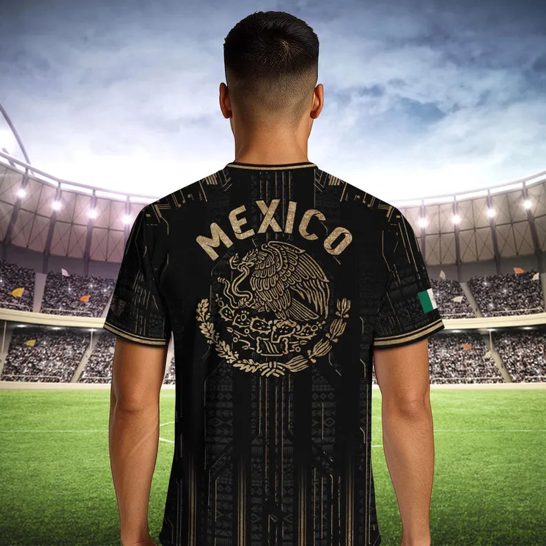 Mexico Soccer Jersey Black Aztec Warrior Gold Feather Design