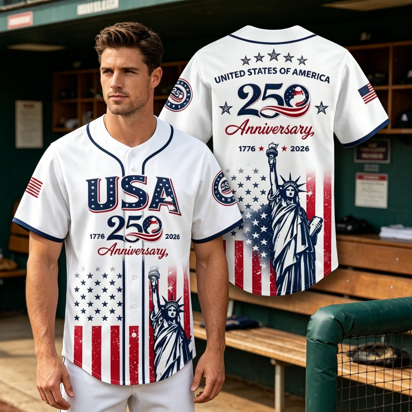 USA 250th Anniversary Baseball Jersey, Patriotic Statue of Liberty Print Shirt, Unisex Independence Day 4th of July Outfit, 1776–2026 Semiquincentennial Patriotic Jersey