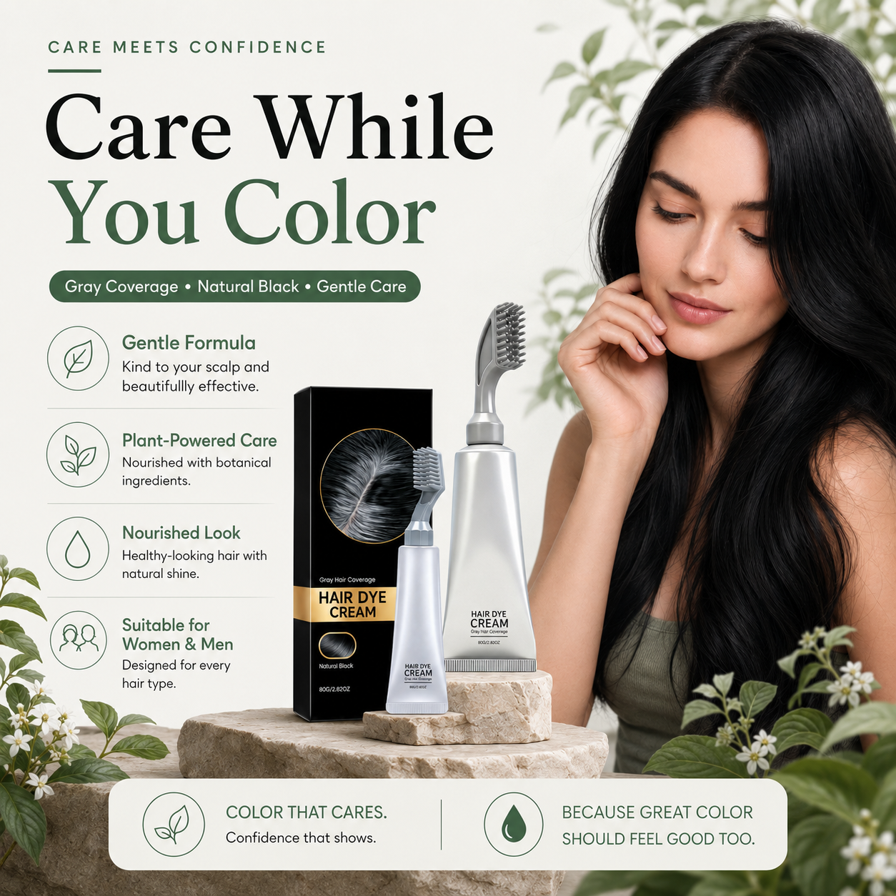 🌿 Plant Gentle Gray Hair Root Touch-Up Dye Cream with Easy Integrated Comb Applicator