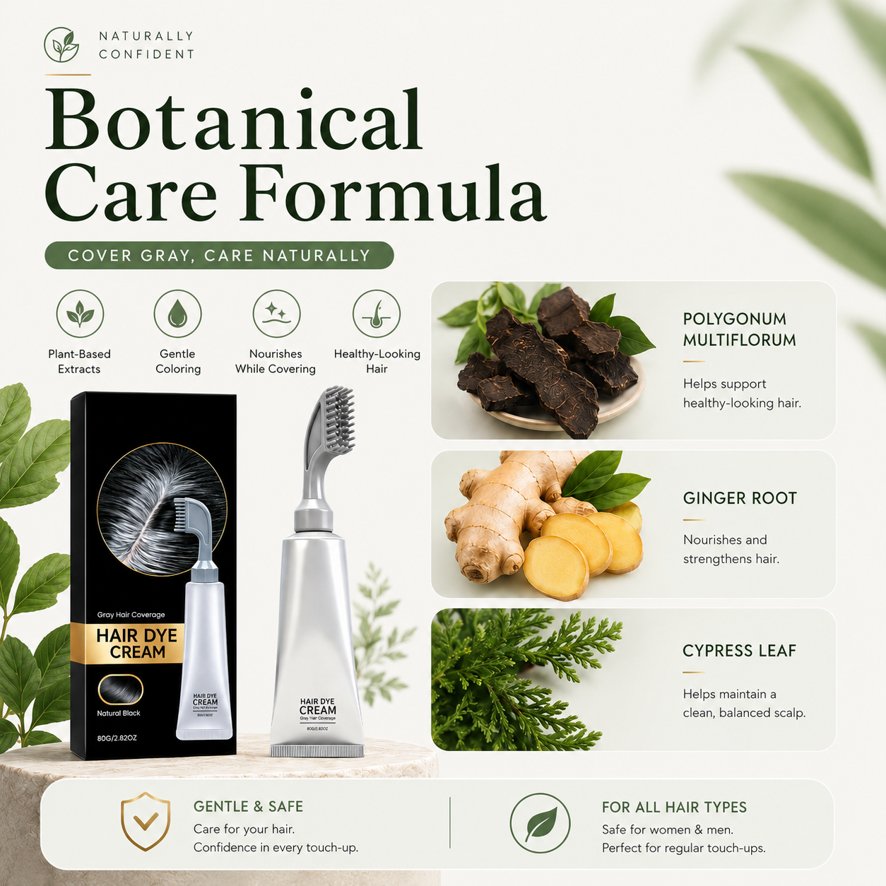 🌿 Plant Gentle Gray Hair Root Touch-Up Dye Cream with Easy Integrated Comb Applicator