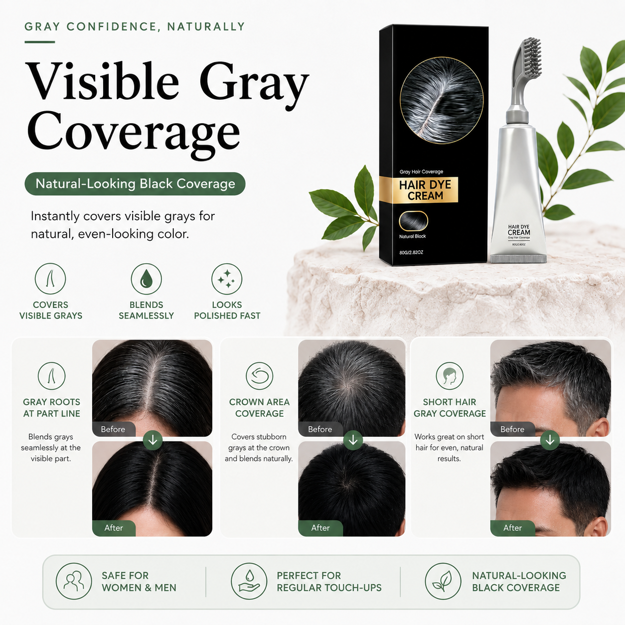 🌿 Plant Gentle Gray Hair Root Touch-Up Dye Cream with Easy Integrated Comb Applicator